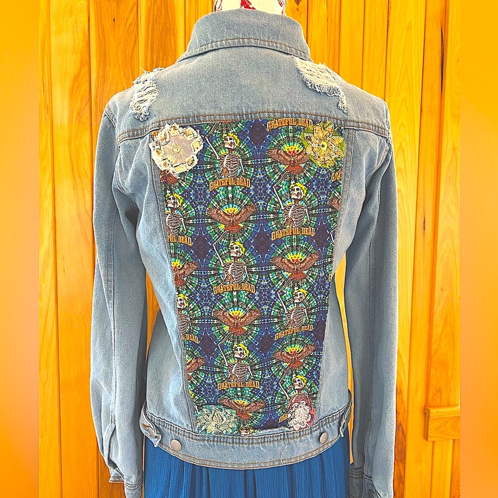 Grateful Dead Hand Embellished Distressed Denim Jacket; Grateful Dead